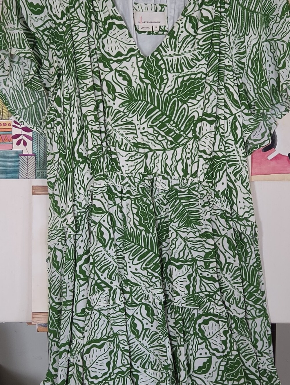 Antropologie Green Leaf Print V-Neck Midi Dress